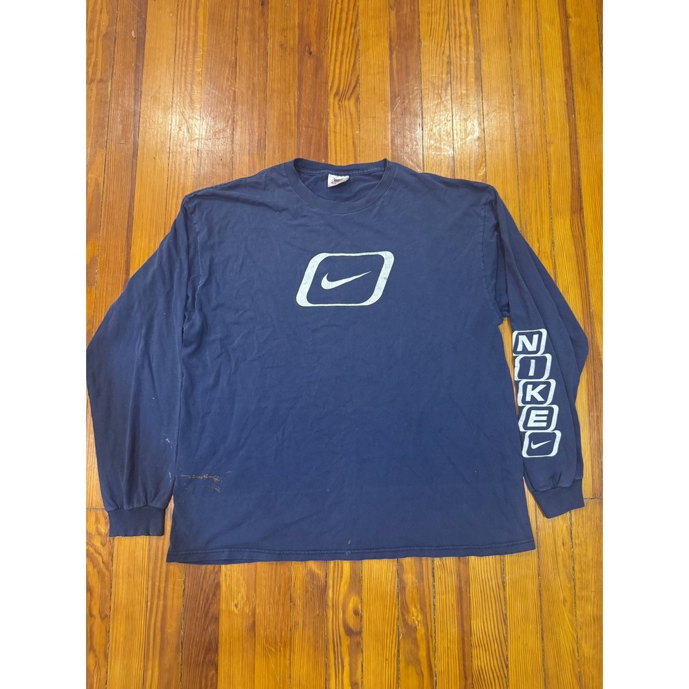Vintage Nike Long Sleeve T-Shirt Navy Blue Center Swoosh Sleeve Graphic XL USA